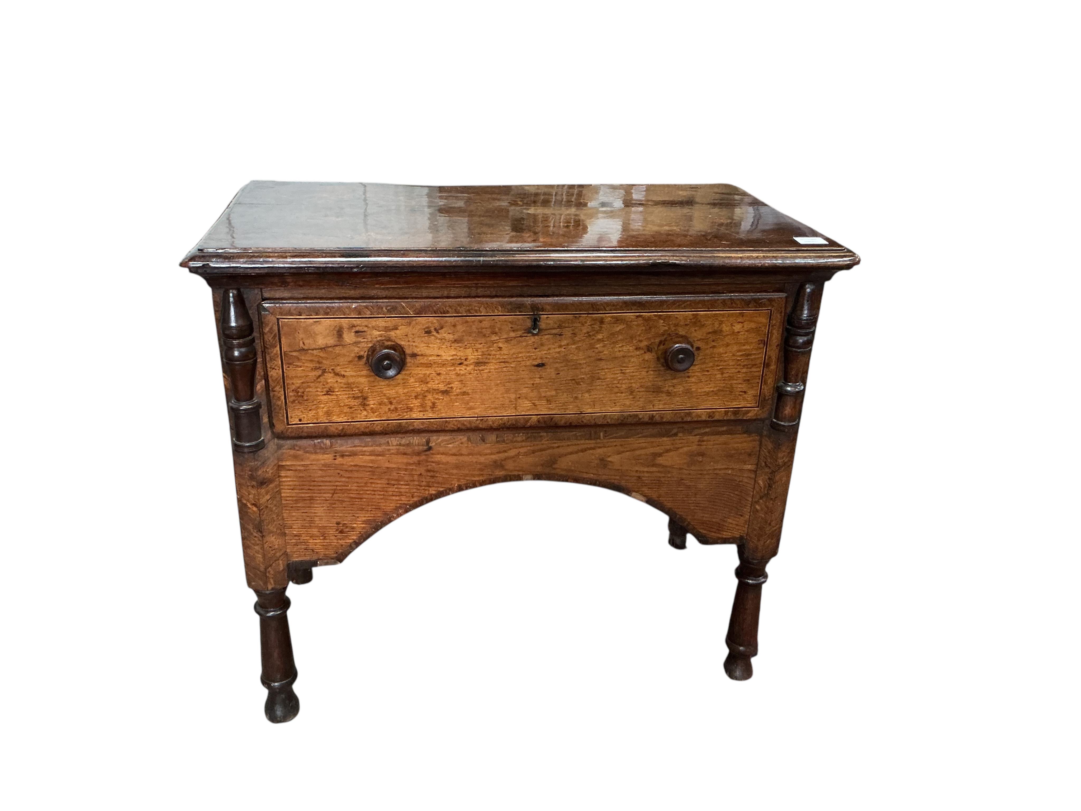 An 18th century inlaid rectangular oak and mahogany banded side table, width 91cm, depth 50cm, height 80cm
